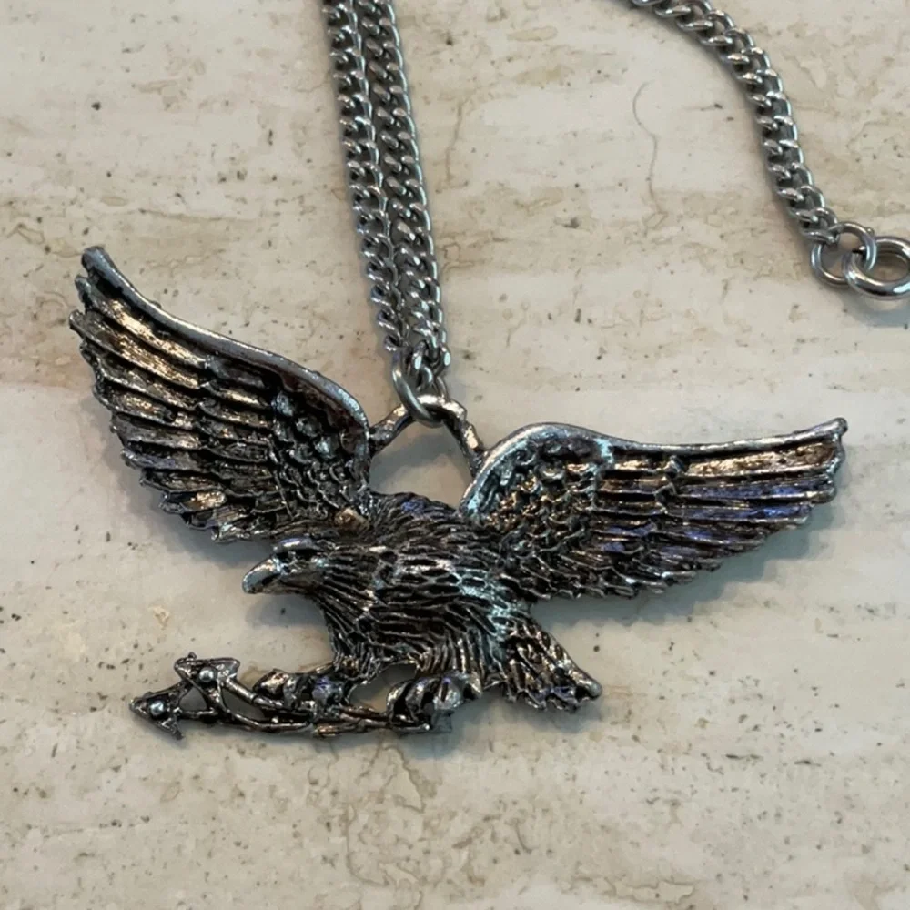 American Eagle Pendant Necklace Large Flying Wings Men’s Silver Tone
